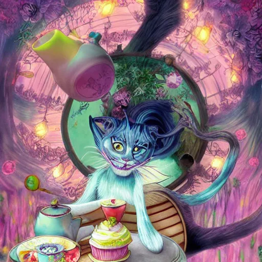 Prompt: the cheshire cat from alice in wonderland having a tea party by anna dittmann, highly detailed, bright tones