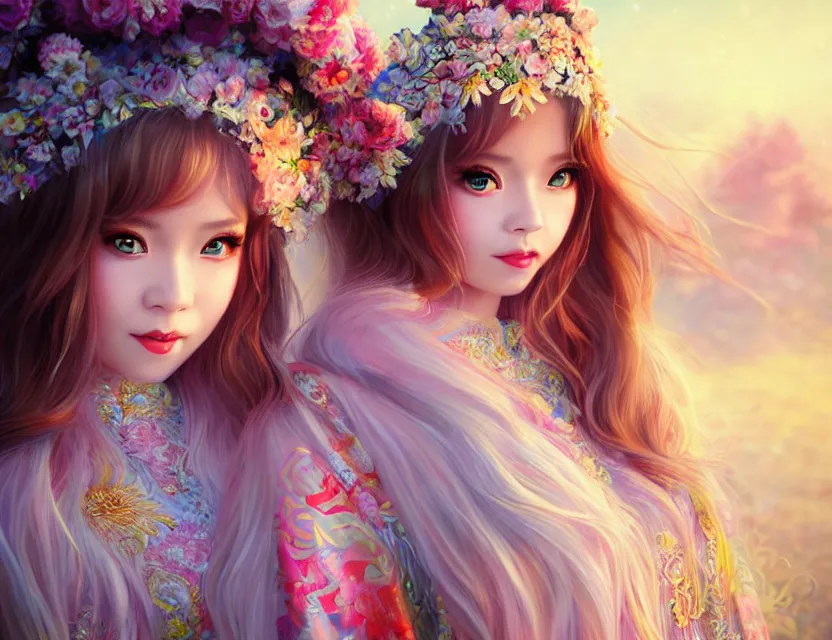 Image similar to two beautiful fashion siberian girls wear fantasy kimono in festival | | big eyes, sunny, dreamlike art, realistic shaded, smile, good looking, hyper details, 4 k realistic, cryengine, realistic shaded lighting poster by artgerm, ross tran, fuji choko, loish, 8 k resolution, trending on artstation, luxury