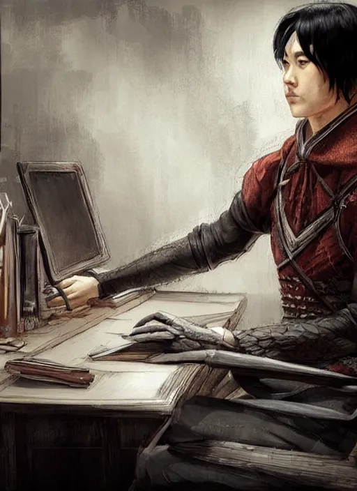 Image similar to asian with medium black hair man sitting at his desk look down at me, low angle, camera low, dndbeyond, bright, colourful, realistic, dnd character portrait, full body, pathfinder, pinterest, art by ralph horsley, dnd, rpg, lotr game design fanart by concept art, behance hd, artstation, deviantart, hdr render in unreal engine 5