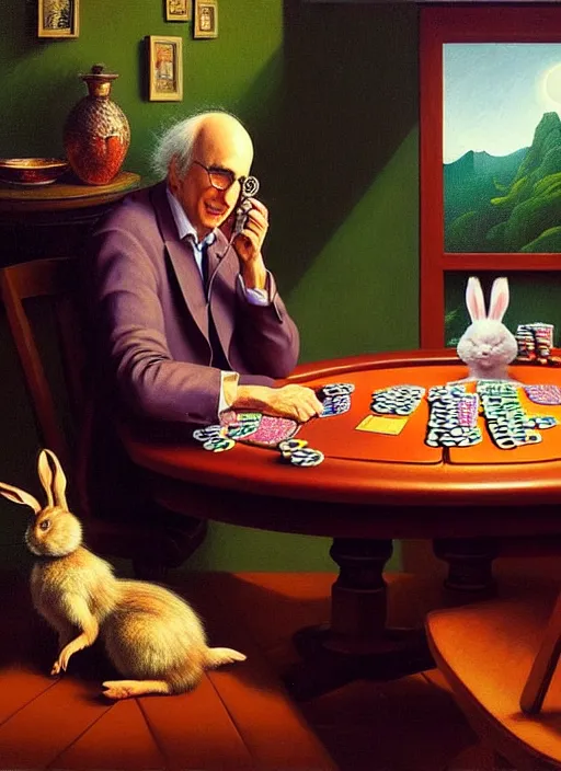 Prompt: hyper detailed 3d render like a Oil painting - larry david playing poker with a bunny by Jacek Yerka, Mariusz Lewandowski, Houdini algorithmic generative render, Abstract brush strokes, Masterpiece, Edward Hopper and James Gilleard, Zdzislaw Beksinski, Mark Ryden, Wolfgang Lettl, hints of Yayoi Kasuma, octane render, 8k