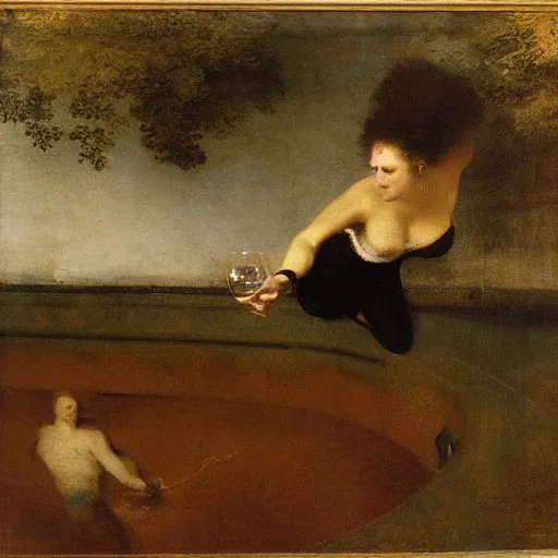 Prompt: A woman diving into a swimming pool wearing a swimsuit. Wineglass on the pool deck. Painting by rembrandt