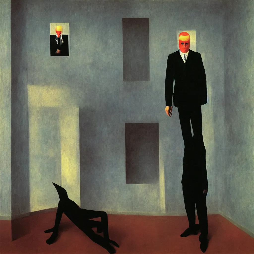 Prompt: self portrait of a shark humanoid man in an empty room, by rene magritte, monet, and turner