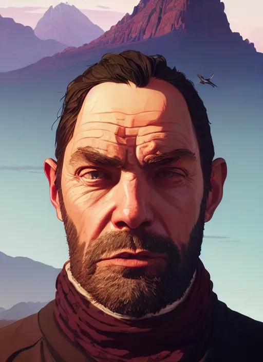 Image similar to highly detailed portrait mountain in gta v, stephen bliss, unreal engine, fantasy art by moebius greg rutkowski, loish, rhads, ferdinand knab, makoto shinkai and lois van baarle, ilya kuvshinov, rossdraws, tom bagshaw, global illumination, radiant light, detailed and intricate environment