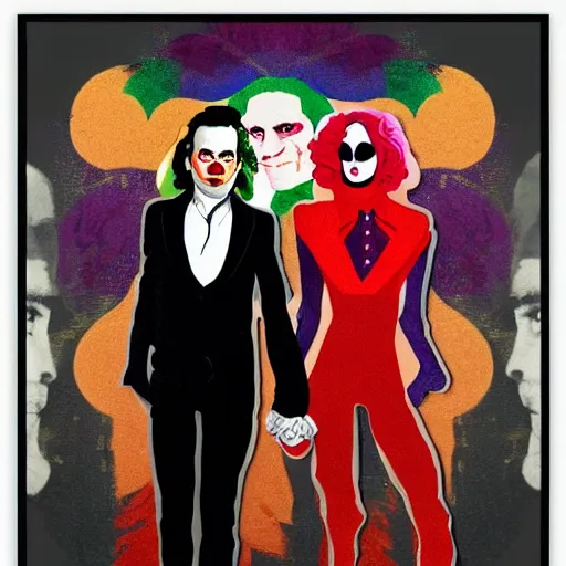 Image similar to ilya yefimovich repin and mimmo rottela as joaquin phoenix skinny joker holding hand lady gaga harley queen, ultra photorealistic, intricate details, pop art style, concept art, confident posse, random object details, 3 colours, warm color, 4 k, ultra smooth, sharp focus