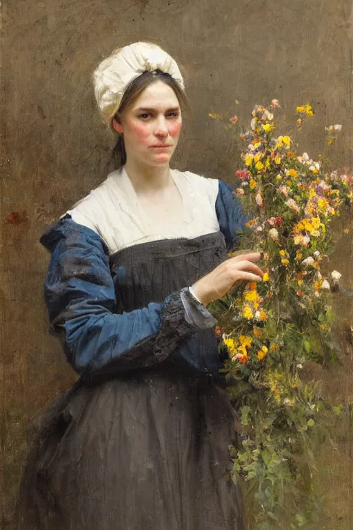 Prompt: Richard Schmid and Jeremy Lipking and Antonio Rotta full length portrait painting of a young beautiful traditonal dutch woman holding flowers