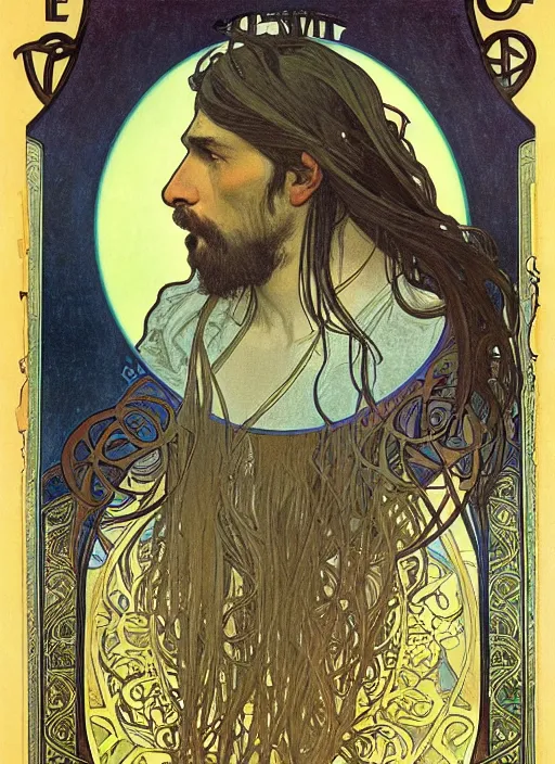 Prompt: portrait of an unkle blue moon with long black hair and beard, by alphonse mucha