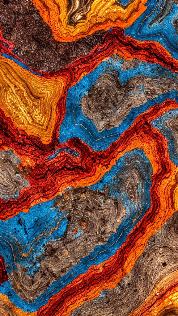 Image similar to vivid color, folded, tessellated planes of rock, alien sedimentary schematic, igneous rock, marbled veins, macro photography, 3D!!! diorama, depth of field with a patina of inlaid circuitry, layers of strata, mineral grains, dramatic lighting, rock texture, sand by James jean, geology, octane render in the style of Luis García Mozos