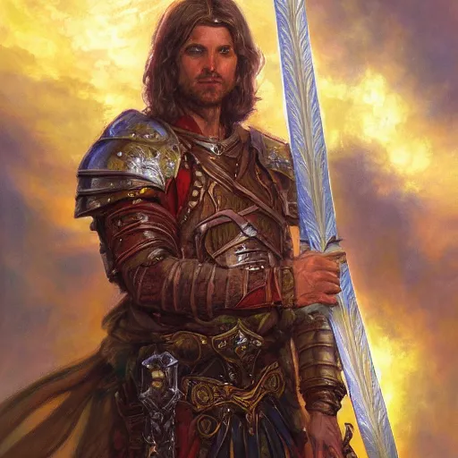 Image similar to Warrior of holy light holding his sword to the heavens as a fantasy D&D character, portrait art by Donato Giancola and James Gurney, digital art, trending on artstation