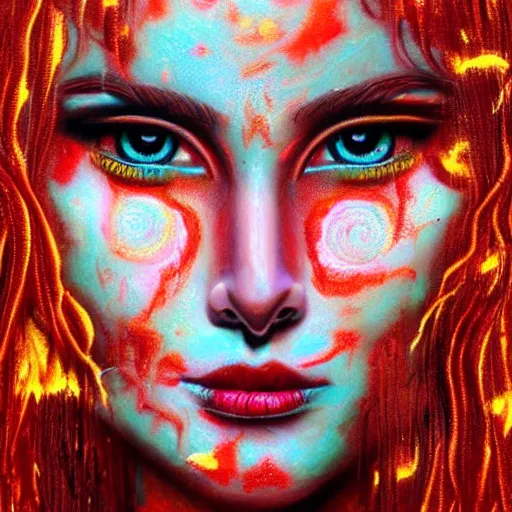 Image similar to artistic drawing of beautiful female face, made entirely from painted flames, made entirely from painted flames, made entirely from painted flames, made entirely from painted flames, made entirely from painted flames, trending on Artstation