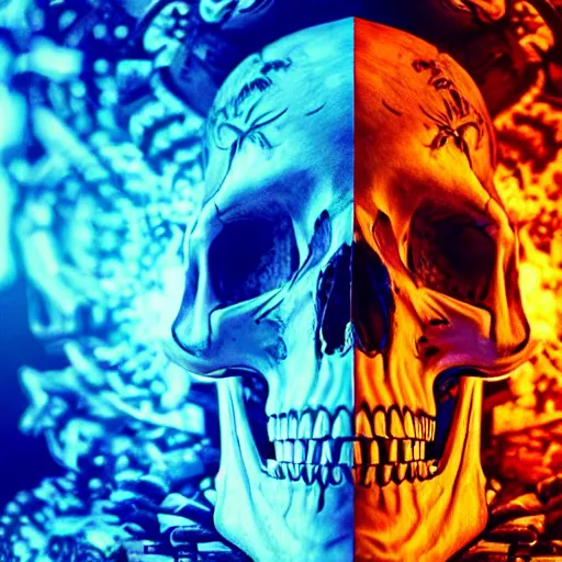 Image similar to a highly detailed human skull covered with intricate designs with fire for eyes on fire in front of a neon blue background, 3 d, colorful, octane render, symmetrical, hyper realism, highly detailed, digital art, artstation, concept art, cinematic lighting, strong bokeh, trending