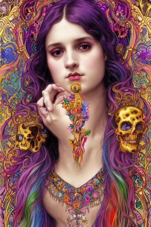 Prompt: a portrait of the lisa frank leopard print rainbow goddess from walmart, intricate, gothic, highly detailed, digital painting, crown of skulls, artstation, smooth, sharp focus, illustration, art by artgerm and greg rutkowski and alphonse mucha and william - adolphe bouguereau
