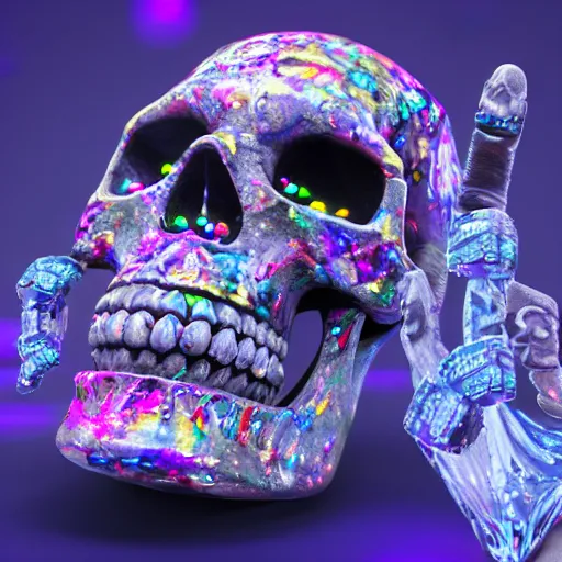 Prompt: skull made of crystal covered with detailed vivid jewels, giving the peace sign, with psychedelic , unreal engine 5, enreal render, 8k