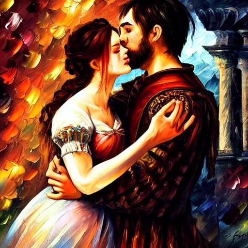 Image similar to highly detailed painting of shakespeare's romeo and juliet, last scene. intricate, high quality oil painting artstyle, in the style of leonid afremov, deviantart, figurative art, deviantart, ilya kuvshinov, lovecraftian, very detailed face, portrait