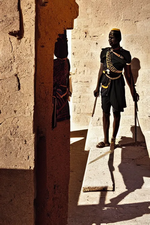 Prompt: a closer hero portrait of a live nubian temple guard in old egypt. photography photo art. cover of time magazine, dramatic light and shadow, saturated colors, ciaroscuro, interpreted by anders zorn