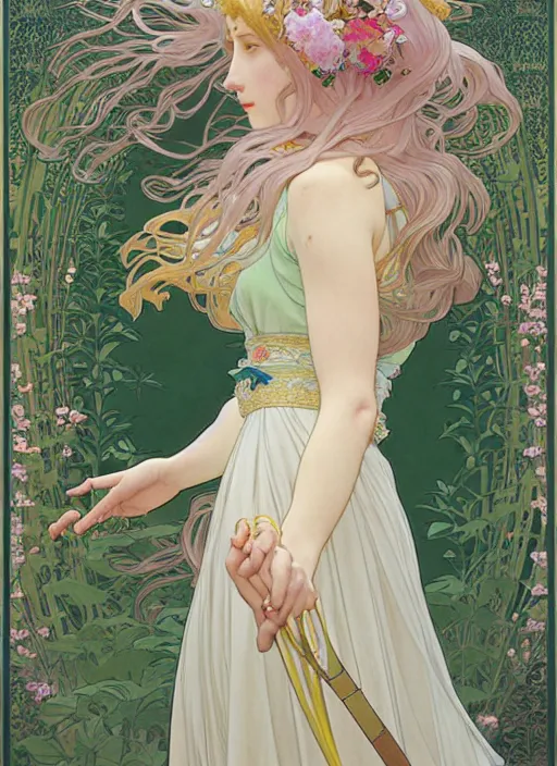 Image similar to pretty young woman with long blond hair, half body shot, path traced, highly detailed, high quality, digital painting, by studio ghibli and alphonse mucha, leesha hannigan, hidari, art nouveau, chiho aoshima, jules bastien - lepage