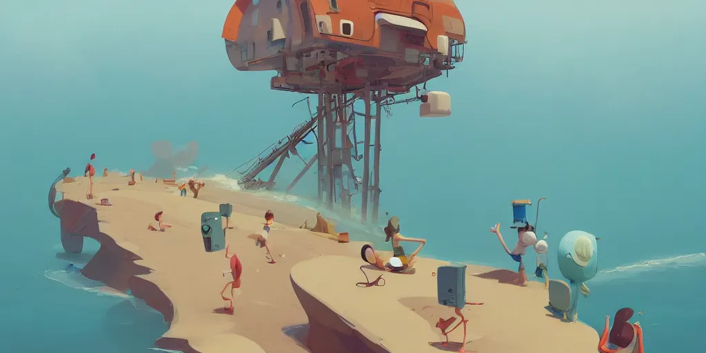 Image similar to beach vacation by Goro Fujita and Simon Stalenhag , 8k, trending on artstation, hyper detailed, cinematic