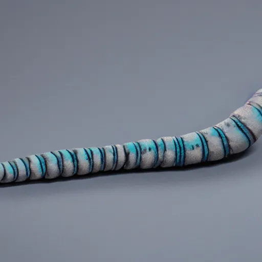 Image similar to studio photograph of a matte gray catterpillar with a neon blue head