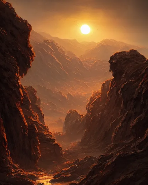 Prompt: double sunrising in the valley of fire, terrifying, environment art, fantasy art, landscape art, in the style of greg rutkowski, illustration, epic, fantasy, intricate, hyper detailed, artstation, concept art, smooth, sharp focus, ray tracing