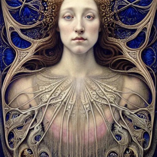 Image similar to detailed realistic beautiful young medieval queen face portrait by jean delville, gustave dore, iris van herpen and marco mazzoni, art forms of nature by ernst haeckel, art nouveau, symbolist, visionary, gothic, pre - raphaelite, fractal lace, surreality, horizontal symmetry, intricate details