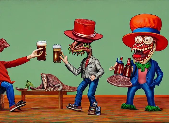 Image similar to a crocodile with shoes and hat looking at two men in costume drinking beer with computer and joakim ojanen and robert crumb and philip guston, psychological, photorealistic, dripping paint, washy brush, rendered in octane, altermodern, masterpiece