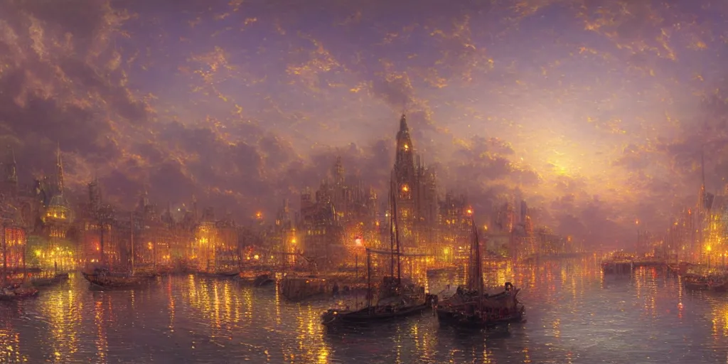 Prompt: a painting of a city by the water at night, a detailed matte painting by Thomas Kinkade, deviantart, fantasy art, matte painting, matte drawing, cityscape