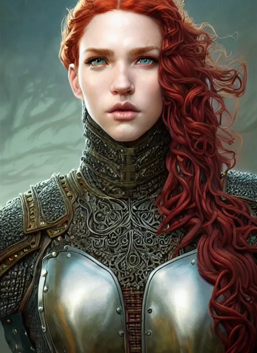 Prompt: ranger, leather armor!!! long curly red hair!! covered chest!!! green eyes, fantasy, d & d, intricate ornate details, digital painting, pretty face!!, symmetry, concept art, sharp focus, illustration, art by artgerm! greg rutkowski magali villeneuve wlop! ilya kuvshinov!!, octane render