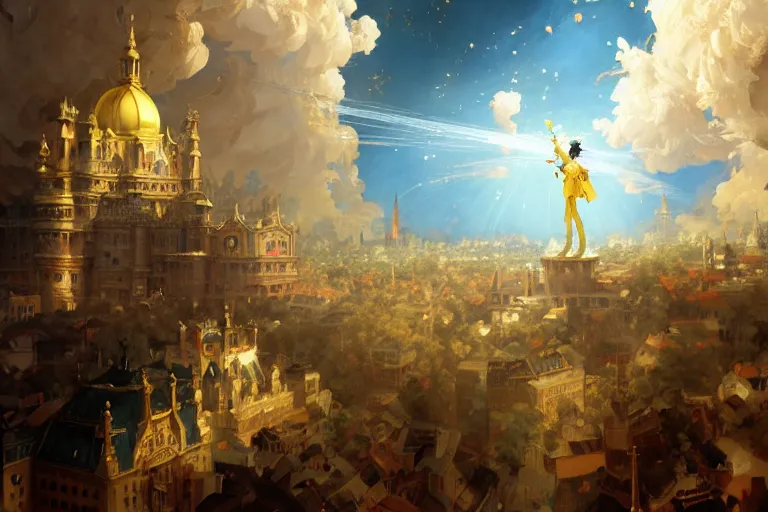 Prompt: baroque oil painting of anime key visual concept art of king addressing nation from balcony as artillery rains down from above, golden rays, fantasy european castle, trending on artstation, palette knife and brush strokes, oil on canvas, style of makoto shinkai greg rutkowski studio ghibli genshin impact