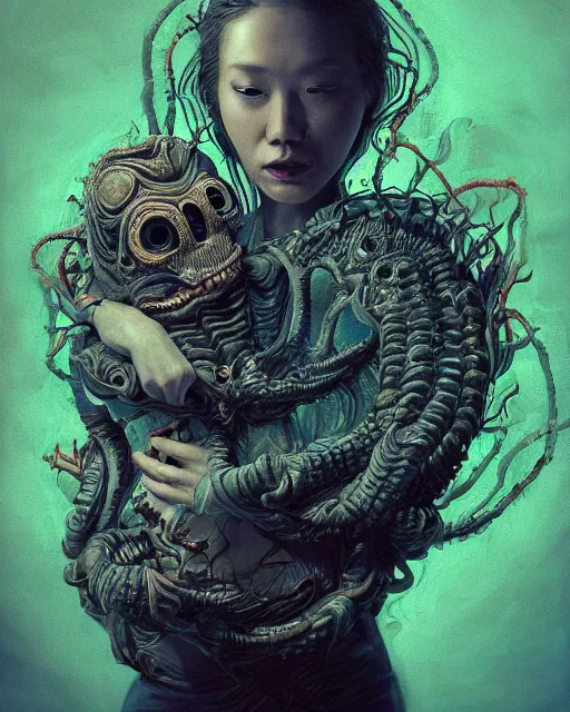 Image similar to portrait of a baby with six arms, monster, intricate artwork. by Tooth Wu, wlop, beeple, dan mumford. mulholland drive by david lynch, dune by david lynch, octane render, trending on artstation, greg rutkowski very coherent symmetrical artwork. cinematic, hyper realism, high detail, octane render, 8k, iridescent accents