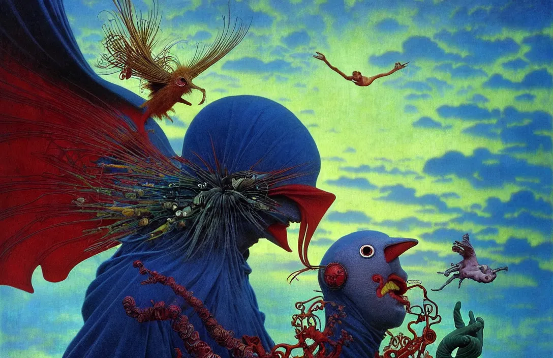 Image similar to realistic detailed portrait movie shot of a birdman wearing a dark robes, sci fi city landscape background by denis villeneuve, amano, yves tanguy, alphonse mucha, ernst haeckel, max ernst, roger dean, masterpiece, rich moody colours, dog teeth, blue eyes, sunset