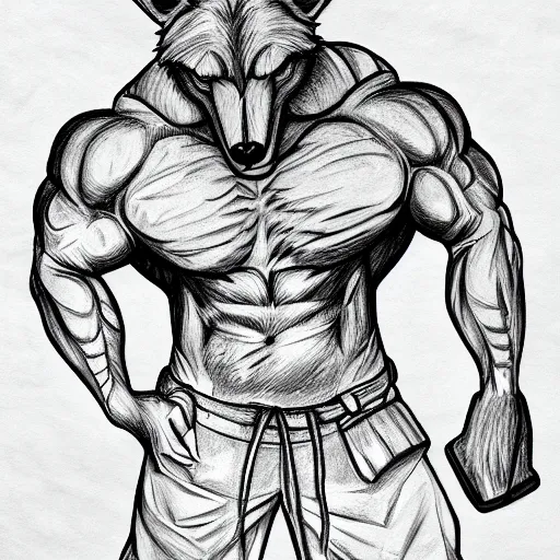 Image similar to master furry artist pen napkin sketch full body portrait character study of the anthro male anthropomorphic wolf fursona animal person wearing gym shorts bodybuilder at gym