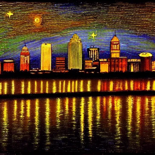 Prompt: louisville ky skyline at night reflecting of the river, in the style of van goghs painting starry night