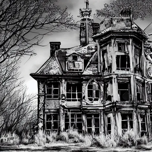 Prompt: an old abandoned mansion, death note artstyle