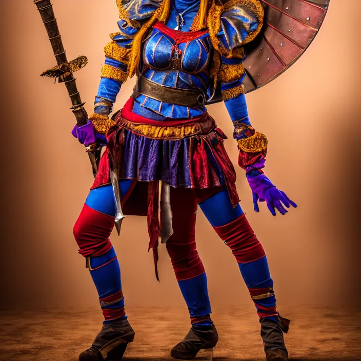 Prompt: full length photo of a real - life beautiful female jester warrior, 8 k, hdr, smooth, sharp focus, high resolution, award - winning photo