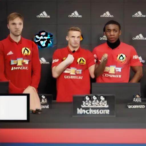 Prompt: BBC Sports photography of a Manchester United press conference introducing Master Chief as their latest signing