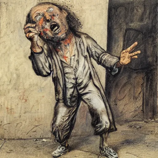 Prompt: Street art. A man with a large head and a small body is floating in the air, his arms and legs flailing. His clothes are tattered and he has a wild look in his eyes. naturalism, crayon by Adolph Menzel doom