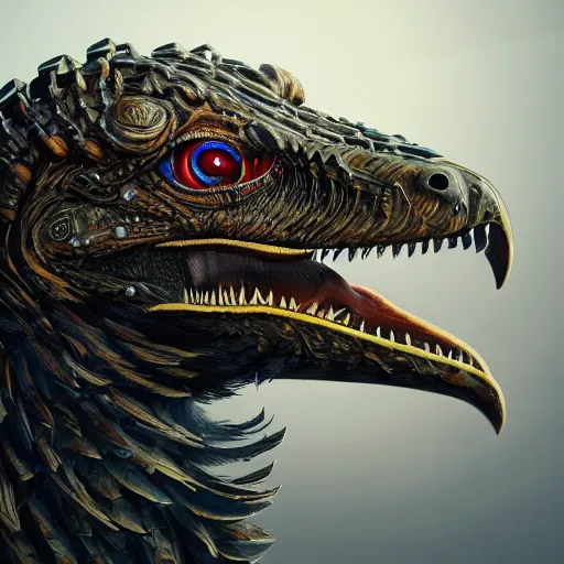Image similar to 8k ultra realistic Illustration of a complete raptor with shining red eyes, detailed intricate ornate armour, decaing, cybernetic body, full of colour, cinematic lighting, battered, trending on artstation, 4k, hyperrealistic, focused, extreme details, unreal engine 5, cinematic, masterpiece