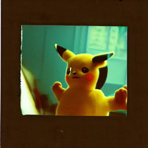 Image similar to found footage polaroid of suprised pikachu, indie horror movie atmosphere