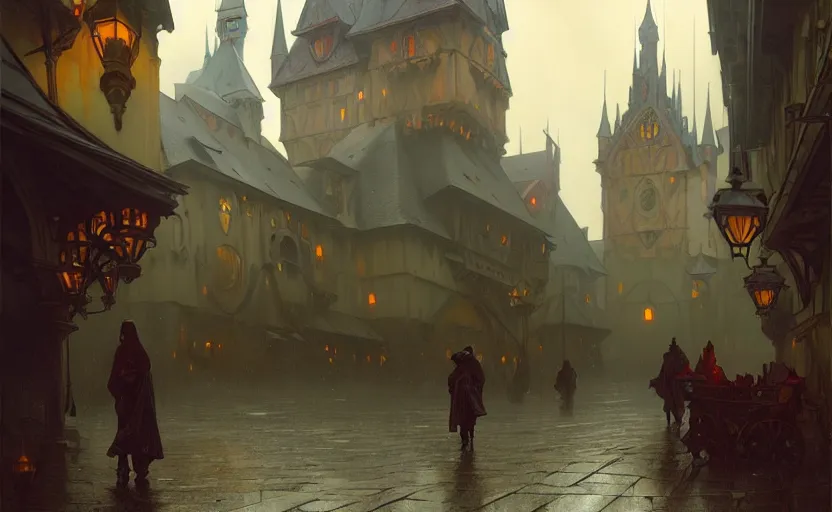Image similar to an old medieval city with rainy atmosphere and moody and cinematic lighting by alphonse mucha, simon stalenhag and darek zabrocki, cinematic and atmospheric, concept art, artstation, trending on artstation