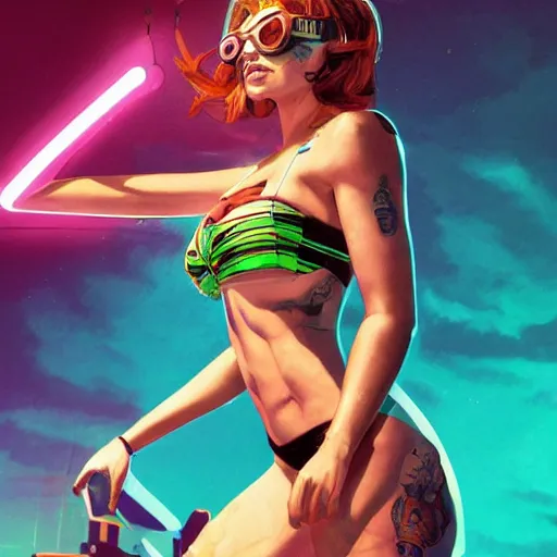 Image similar to a portrait of beautiful, mischievous, young woman in neon bikini by sandra chevrier, detailed render, epic composition, cybernetics, 4 k realistic, cryengine, realistic shaded lighting, sharp focus, masterpiece, by matteo scalera, gary montalbano, peter elson in the style of the tokyo ghost comic