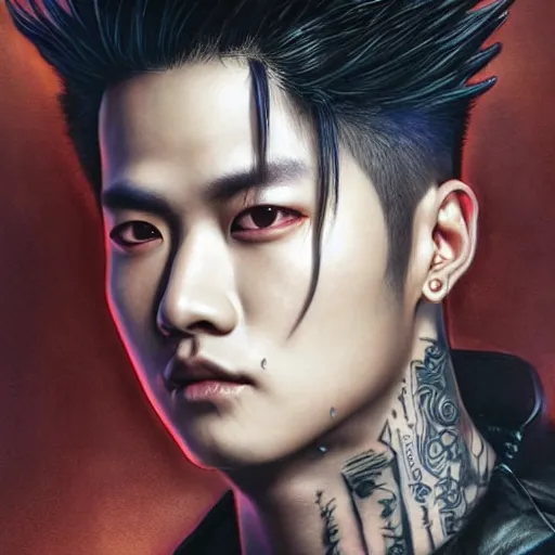 Image similar to portrait painting of a cyberpunk jackson wang from got 7 with a z tattooed on his forehead, ultra realistic, concept art, intricate details, eerie, highly detailed, photorealistic, octane render, 8 k, unreal engine. art by artgerm and greg rutkowski and magali villeneuve and alphonse mucha