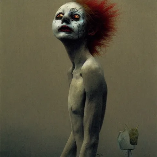 Image similar to cute young female sadistic clown by beksinski
