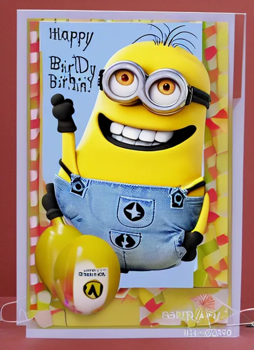 Image similar to happy birthday greeting card design 5 0 th birthday, minions birthday card design, hallmark design, intricate, uhd, funny, balloons and cake