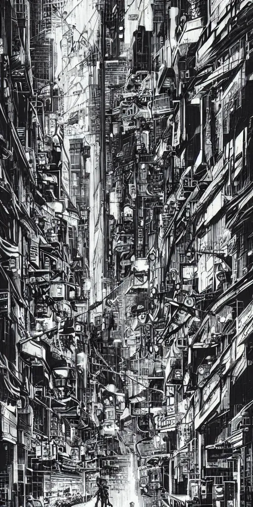 Prompt: manga illustration of poor cyberpunk city, rainy weather, highly detailed,