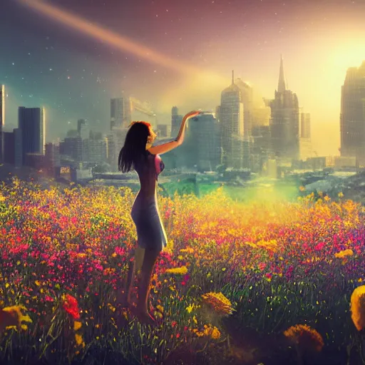 Image similar to A women in a field of flowers with a city in the background and a spaceship taking off, digital painting, volumetrics, light rays, 4k, by Mari Inukai and Bria Burke