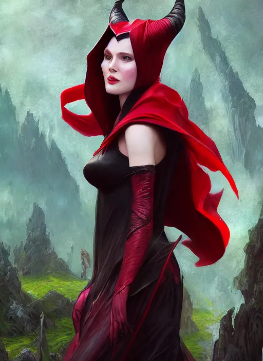 Image similar to scarlet witch as maleficent, naturel, hyper detailed, digital art, trending in artstation, cinematic lighting, studio quality, smooth render, unreal engine 5 rendered, octane rendered, art style by klimt and nixeu and ian sprigger and wlop and krenz cushart