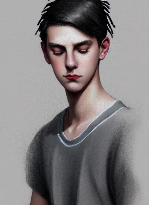 Image similar to portrait of teenage jughead jones wearing a light grey crown, photorealistic, crown, eyes closed, crown, black hair, intricate, elegant, glowing lights, highly detailed, digital painting, artstation, concept art, smooth, sharp focus, illustration, art by wlop, mars ravelo and greg rutkowski