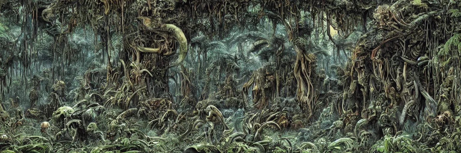 Prompt: underground cave on an exotic alien planet with a jungle canopy of antler trees in the background, leafy overgrowth, insectile weeds, demon faces, skulls, by ian miller, rodney matthews and al feldstein, photorealistic render