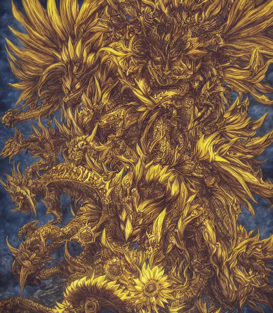 Image similar to A sunflower deity, epic, highly detailed, close-up, fantasy art, dragon art, in the style of masami kurumada, illustration, epic, fantasy, intricate, hyper detailed, artstation, concept art, smooth, sharp focus, ray tracing