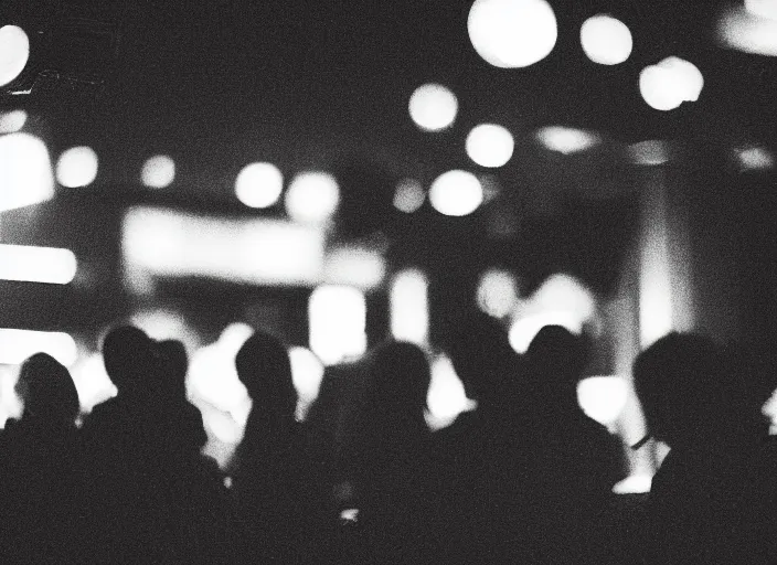 Prompt: a 2 8 mm macro photo from the back of a crowd at a rnightclub in silhouette in the 1 9 7 0 s, bokeh, canon 5 0 mm, cinematic lighting, dramatic, film, photography, golden hour, depth of field, award - winning, 3 5 mm film grain