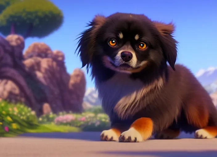 Image similar to a wholesome animation key shot of a black tibetan spaniel, in spain, studio ghibli, pixar and disney animation, sharp, rendered in unreal engine 5, anime key art by greg rutkowski, bloom, dramatic lighting